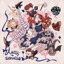 &gt;_o 2boys 2girls :3 alice_(alice_in_wonderland) alice_(alice_in_wonderland)_(cosplay) alice_in_wonderland amy_pond animal_ears apron black_hairband black_jacket black_nails black_shoes blonde_hair bloomers blue_dress blue_eyes bow bowtie brown_hair brown_jacket brown_pants cat_ears cat_tail cheshire_cat_(alice_in_wonderland) cheshire_cat_(alice_in_wonderland)_(cosplay) chinese_commentary closed_eyes commentary_request cosplay cup curtained_hair custard cybermen dalek doctor_who dress eleventh_doctor_(doctor_who) fez_hat fish_fingers footwear_bow frilled_dress frills hairband hat highres holding holding_polearm holding_teapot holding_weapon jacket juanmao lance long_hair long_sleeves maid_apron medium_hair mop multiple_boys multiple_girls nail_polish one_eye_closed open_mouth pants parody pocket_watch pointy_footwear polearm puffy_short_sleeves puffy_sleeves rabbit_ears rabbit_tail red_bow red_bowtie red_dress red_hair red_hat red_lips river_song rory_williams shirt shoes short_hair short_sleeves smile striped_clothes striped_thighhighs suspenders tail tardis teacup teapot the_doctor_(doctor_who) thighhighs title_parody underwear watch wavy_hair weapon weeping_angel white_bloomers white_shirt