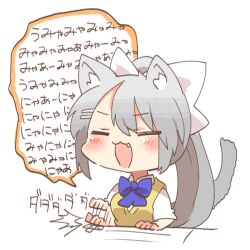 1girl :d ^^^ afterimage animal_ear_fluff animal_ears bow chibi closed_eyes collared_shirt fang grey_hair hair_between_eyes hair_bow higuchi_kaede higuchi_kaede_(3rd_costume) kemonomimi_mode nijisanji open_mouth ponytail purple_bow rebecca_(keinelove) school_uniform shirt simple_background smile solo sweater_vest tail translation_request upper_body virtual_youtuber white_background white_bow white_shirt