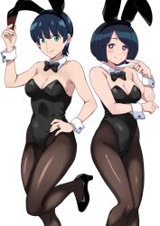 2girls alternate_costume animal_ears black_hair black_leotard blue_eyes bob_cut breasts closed_mouth commentary_request covered_navel detached_collar fake_animal_ears gundam gundam_gquuuuuux hand_on_own_hip high_heels jewelry leotard looking_at_viewer mature_female medium_breasts multiple_girls no_sclera pantyhose playboy_bunny ponzu_rui rabbit_ears ring shiiko_sugai short_hair smile standing standing_on_one_leg strapless strapless_leotard tamaki_yuzuriha wedding_ring white_background white_wrist_cuffs wrist_cuffs