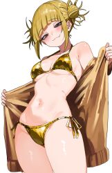 1girl :3 bikini blonde_hair blush boku_no_hero_academia breasts brown_cardigan cardigan closed_mouth double_bun fang gold_bikini hair_bun highres looking_at_viewer medium_breasts navel open_cardigan open_clothes short_hair side-tie_bikini_bottom sidelocks simple_background smile solo swimsuit toga_himiko white_background yellow_eyes zd_(pixiv6210083)