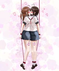 2girls absurdres ahoge arms_behind_back bdsm bondage bound bound_legs bound_together bound_wrists breasts brown_hair chain collar collared_shirt egg_vibrator highres kiss loafers long_hair minicat multiple_girls neckerchief original pleated_skirt ponytail red_neckerchief restrained sailor sailor_collar school_uniform serafuku sex_toy shibari shirt shoes skirt small_breasts socks standing thigh_strap vibrator white_shirt white_socks yuri