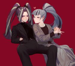 2girls animated animated_gif aria_blaze aria_blaze_(human) blue_hair blunt_bangs casual eopo formal_clothes looking_at_another multicolored_hair multiple_girls my_little_pony ponytail purple_hair sitting sonata_dusk sonata_dusk_(human) suit twintails two-tone_hair