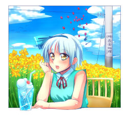 1girl alternate_costume alternate_eye_color balloon blue_sky broom chair cherry cloud cloudy_sky cup drinking_glass drinking_straw flower food fruit green_hairband grey_hair hairband holding holding_balloon ikuya@ kirisame_marisa konpaku_youmu light_smile open_mouth red_ribbon ribbon short_hair sitting sky sleeveless solo touhou utility_pole whipped_cream yellow_flower