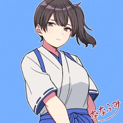 1girl black_hair blue_background blue_hakama breasts brown_eyes fuminomino hakama highres japanese_clothes kaga_(kancolle) kantai_collection long_hair medium_breasts short_sidetail side_ponytail smile solo tasuki upper_body