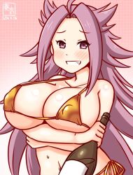 Rule 34 | 1girl, artist logo, bikini, bottle, breasts, covered erect nipples, dated, gold bikini, gradient background, grin, jun&#039;you (kancolle), kanon (kurogane knights), kantai collection, large breasts, logo, long hair, navel, one-hour drawing challenge, pink background, purple eyes, purple hair, side-tie bikini bottom, smile, solo, spiked hair, swimsuit, upper body, wine bottle