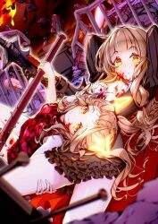 2girls baseball_bat blood blood_on_clothes blood_on_face blunt_bangs breasts cape closed_mouth cloud fall4592 gate hair_ribbon highres holding holding_baseball_bat holding_weapon hood hood_down looking_at_viewer medium_breasts multiple_girls multiple_persona orange_eyes reality_arc_(sinoalice) red_riding_hood_(sinoalice) ribbon rock romper ruins sidelocks sign sinoalice sky smile sunset twintails upside-down wavy_hair weapon