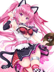 Rule 34 | 1girl, :d, animal ear fluff, animal ears, argyle clothes, argyle thighhighs, bare shoulders, beatmania iidx, belt, belt buckle, bemani, black skirt, bra, breasts, buckle, cat ears, cat girl, cat tail, cleavage, collared shirt, commentary request, dress shirt, hair between eyes, hand up, headphones, highres, hinata momo, holding, honeycomb (pattern), honeycomb background, long hair, looking at viewer, medium breasts, mizushiro celica, mizushiro celica (punk cat), open clothes, open mouth, open shirt, pink belt, pink hair, purple eyes, red bra, shirt, skindentation, skirt, sleeveless, sleeveless shirt, smile, solo, tail, thigh strap, thighhighs, twintails, underwear, very long hair, vinyl record, white background, white shirt