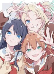 Rule 34 | 3girls, :d, ;d, \||/, aqua eyes, blonde hair, blue eyes, blue hair, blue ribbon, blush, brown cardigan, brown dress, cardigan, closed mouth, commentary request, crossed bangs, dress, flower, gradient hair, grin, hair flower, hair ornament, hair ribbon, half updo, hasu no sora school uniform, highres, hinoshita kaho, link! like! love live!, long hair, long sleeves, looking at viewer, love live!, medium hair, mole, mole on neck, multicolored hair, multiple girls, murano sayaka, neckerchief, one eye closed, open cardigan, open clothes, open mouth, orange hair, osawa rurino, parted bangs, pink flower, rabbit hair ornament, red neckerchief, red ribbon, revision, ribbon, sailor collar, sailor dress, saito shiorii, school uniform, smile, split mouth, teeth, twintails, two side up, upper teeth only, v, v over head, virtual youtuber, white sailor collar, winter uniform