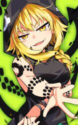 Rule 34 | 1girl, arm tattoo, blonde hair, bracelet, braid, breasts, front braid, green background, highres, hood, hoodie, jewelry, large breasts, long hair, looking at viewer, medusa gorgon, nail polish, sleeveless, sleeveless hoodie, smile, snake, snake tattoo, solo, soul eater, tattoo, yasume yukito, yellow eyes