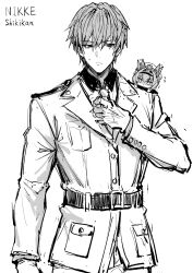 Rule 34 | 1boy, 1girl, :&lt;, adjusting clothes, adjusting necktie, afterimage, belt, blush, breast pocket, buttons, character name, closed mouth, collared shirt, commander (nikke), copyright name, ear wiggle, flying sweatdrops, goddess of victory: nikke, greyscale, hair intakes, hand on own chest, hand up, haoni, hashtag-only commentary, hat, helm (nikke), highres, jacket, lapels, long sleeves, looking to the side, male focus, military dress uniform, military hat, military jacket, military uniform, mini person, mini person on shoulder, minigirl, monochrome, necktie, nose blush, notched lapels, pocket, shirt, short hair, simple background, sweatdrop, unamused, upper body, v-shaped eyebrows, veins, veiny hands, very short hair, white background, wing collar