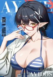 1girl adjusting_eyewear ayane_(blue_archive) ayane_(swimsuit)_(blue_archive) bikini black_hair blue_archive blue_bikini breasts cleavage dong_(art_woodong) glasses hair_between_eyes highres holding holding_tablet_pc large_breasts long_hair looking_at_viewer low_ponytail official_alternate_costume official_alternate_hairstyle pencil_behind_ear pointy_ears ponytail red-framed_eyewear shirt sidelocks single_bare_shoulder solo striped_bikini striped_clothes swimsuit tablet_pc tongue tongue_out white_shirt yellow_eyes