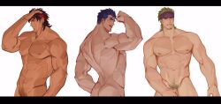 3boys abs ass back back_muscles bara biceps black_hair blue_hair completely_nude covering_crotch covering_privates dark-skinned_male dark_skin facial_hair fire_emblem fire_emblem:_path_of_radiance fire_emblem:_radiant_dawn fire_emblem:_the_blazing_blade fire_emblem:_the_sacred_stones flexing gerik_(fire_emblem) goatee green_hair hector_(fire_emblem) highres laguz_(fire_emblem) large_pectorals male_focus male_pubic_hair multiple_boys muscular muscular_male my_eight navel nintendo nipples nude pectorals pubic_hair scar scar_on_face tibarn_(fire_emblem)