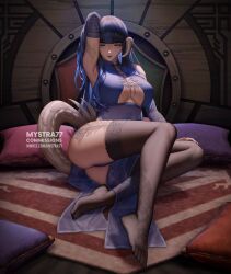 1girl arm_up artist_name au_ra bare_shoulders black_hair black_thighhighs blue_dress blue_eyes blue_hair blue_panties blunt_bangs breasts cleavage commission dragon_horns dragon_tail dress elbow_gloves final_fantasy final_fantasy_xiv full_body gloves horns large_breasts long_hair mystra77 no_shoes panties solo tail thighhighs underwear warrior_of_light_(ff14) watermark web_address white_scales