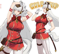 1girl absurdres animal_ears armband armpits arms_behind_head arms_up blunt_bangs bow bowtie breasts brown_hat character_name commentary dress ear_covers from_side gold_ship_(umamusume) hand_on_own_hip hat highres horse_ears horse_girl horse_tail large_breasts long_hair looking_ahead looking_at_viewer multiple_views open_mouth pants pillbox_hat pinepin pointing pointing_at_self red_armband red_bow red_bowtie red_dress red_eyes simple_background sleeveless sleeveless_dress smile stretching tail thighs thumbs_up tongue tongue_out umamusume white_background white_hair white_pants