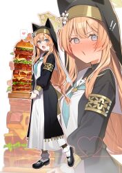 Rule 34 | 1girl, absurdres, animal ears, aqua neckerchief, black shoes, black veil, blue archive, blue eyes, blush, burger, cat ears, cat girl, commentary, dress, food, full body, gold armlet, hair between eyes, halo, heart, highres, long hair, long sleeves, looking at viewer, low-braided long hair, low-tied long hair, mari (blue archive), muo (muojjang 0929), neckerchief, nose blush, nun, open mouth, orange hair, puffy long sleeves, puffy sleeves, sailor collar, sailor dress, shoes, simple background, spoken heart, veil, white background, white dress, white sailor collar, yellow halo, zoom layer
