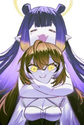 2girls =_= absurdres ahoge arm_around_neck blunt_bangs breasts brown_hair cheek_squash cleavage_cutout clothing_cutout colored_inner_hair corset eyelashes fang gradient_hair halo hand_on_another&#039;s_face highres hololive hololive_english hug long_hair looking_at_viewer mole mole_under_eye multicolored_hair multiple_girls nanashi_mumei nanashi_mumei_(1st_costume) ninomae_ina&#039;nis open_mouth orange_hair pointy_ears pungson_mori purple_hair raised_eyebrows shirt sidelocks squishing streaked_hair tentacle_hair underbust very_long_hair virtual_youtuber white_background white_shirt yellow_eyes