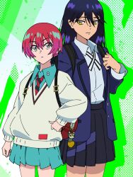 Rule 34 | 2girls, amate yuzuriha, aqua shirt, aqua skirt, backpack, bag, bag charm, black hair, black skirt, blue jacket, charm (object), diagonal-striped clothes, diagonal-striped necktie, gundam, gundam gquuuuuux, highres, jacket, long hair, looking at viewer, multiple girls, necktie, nyaan (gundam gquuuuuux), pleated skirt, red hair, shirt, short hair, skirt, striped clothes, sweater, white sweater, yamamoto nanashiki, yellow eyes