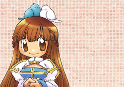 Rule 34 | 1girl, 2000s (style), animal, animal on head, arch bishop (ragnarok online), bird, bird on head, blue bird, blush, braid, breasts, brown eyes, brown hair, cleavage cutout, closed mouth, clothing cutout, commentary request, cross, dress, grid background, half up braid, hasenyo, juliet sleeves, long hair, long sleeves, looking at viewer, medium breasts, on head, pink background, puffy sleeves, ragnarok online, smile, solo, two-tone dress, upper body, white bird, white dress