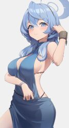 1girl ako_(blue_archive) ako_(dress)_(blue_archive) backless_dress backless_outfit blue_archive blue_dress blue_eyes blue_hair blue_halo blush breasts commentary cuffs dress earrings english_commentary grey_background hair_between_eyes halo handcuffs highres jewelry large_breasts long_hair looking_at_viewer official_alternate_costume open_mouth reulem sideboob sleeveless sleeveless_dress solo