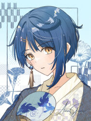 Rule 34 | 1boy, alternate costume, amagumo mokmok, blue hair, blush, commentary request, earrings, flower, genshin impact, hair between eyes, hair ornament, hairclip, hand fan, highres, holding, holding fan, japanese clothes, jewelry, kimono, looking at viewer, male focus, parted lips, signature, single earring, solo, tassel, tassel earrings, upper body, xingqiu (genshin impact), yellow eyes, yellow kimono