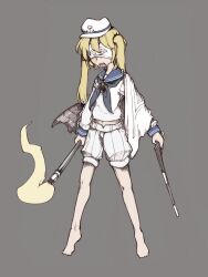 1girl anchor_print baggy_shorts bare_legs barefoot belt blonde_hair blue_neckerchief blue_sailor_collar bolos commentary covered_eyes drooling dual_wielding eye_mask eye_print fire full_body grey_background gun hat holding holding_gun holding_wand holding_weapon kitashirakawa_chiyuri knees long_hair long_sleeves lower_teeth_only midriff navel neckerchief open_mouth sailor sailor_collar sailor_hat sailor_shirt shawl shirt shorts simple_background solo standing straight_hair striped_clothes striped_shorts tachi-e teeth toes touhou touhou_(pc-98) twintails vertical-striped_clothes vertical-striped_shorts wand weapon white_belt white_hat white_mask white_shawl white_shirt white_shorts