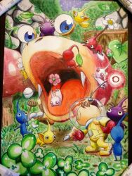 1boy art_tools_in_frame bad_tag battle big_nose black_eyes blue_pikmin blue_skin brown_hair bud bulborb closed_eyes clover colored_skin flower full_body garden gloves helmet looking_at_another lying marker_(medium) mini_person miniboy mushroom night night_sky nintendo no_mouth olimar on_stomach outdoors patch pikmin_(creature) pikmin_(series) pink_flower pointy_ears pointy_nose purple_hair purple_pikmin purple_skin radio_antenna reaching red_eyes red_gloves red_pikmin red_skin short_hair sky solid_circle_eyes space_helmet spacesuit standing star_(sky) starry_sky throwing traditional_media tree_stump triangle_mouth very_short_hair white_flower white_pikmin white_skin yamato_koara yellow_pikmin yellow_skin