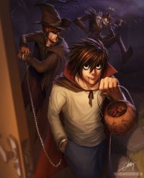 3boys absurdres anger_vein basket black_cape black_eyes black_hat black_pants black_shirt blood blue_pants brown_eyes brown_hair candy cape chain claws closed_eyes closed_mouth collarbone cuffs death_note demon deviantart_username earrings fang fang_out food fur_trim hair_between_eyes halloween halloween_costume hat hat_belt high_collar highres holding holding_basket jewelry l_(death_note) laughing looking_at_another looking_at_viewer male_focus multiple_boys narutocuhh open_mouth pale_skin pants pointy_hair pumpkin ryuk sharp_teeth shirt signature smile standing teeth vampire watermark web_address white_shirt witch_hat yagami_light