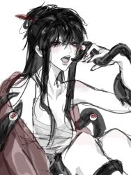 1girl bags_under_eyes bandaged_chest bare_shoulders black_hair blush breasts chest_sarashi chinese_clothes chinese_commentary coat collarbone creature dao_gui_yi_xian eyeball genderswap genderswap_(mtf) hair_bun hair_ornament hair_stick half_updo hanfu highres holding_tentacle knees_up large_breasts lengmokuzi li_huowang li_sui_(tentacles) long_hair looking_at_viewer monochrome open_clothes open_coat open_mouth partially_undressed red_coat red_eyes robe sarashi sidelocks simple_background single_hair_bun sitting sketch solo spot_color teeth tentacles tongue white_background