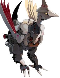 absurdres animal_focus bird closed_mouth commentary_request exhaust_pipe full_body gen_2_pokemon glowing glowing_eyes highres joints looking_at_viewer mechanization nintendo no_humans non-humanoid_robot original pokemon pokemon_(creature) robot robot_animal robot_joints science_fiction simple_background skarmory solo standing three_quarter_view white_background yellow_eyes yunimaru