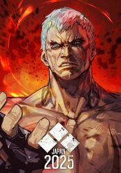 1boy 2025 arm_up black_gloves blue_eyes bryan_fury collarbone evolution_championship_series fingernails gloves hungry_clicker looking_ahead male_focus muscular muscular_male parted_lips pectorals scar scar_across_eye scar_on_face short_hair sneer solo teeth tekken tekken_8 topless_male uneven_eyes very_short_hair white_hair