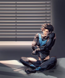 1boy ^_^ artist_name batman_(series) bed black_bodysuit black_hair blue_bodysuit bodysuit closed_eyes clothes_lift cradling_phone dc_comics dick_grayson indian_style jjmk-jjmk lifting_own_clothes male_focus nightwing on_bed open_mouth phone short_hair sitting smile solo talking_on_phone two-tone_bodysuit undressing
