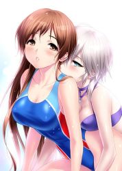 10s 2girls anastasia_(idolmaster) bare_shoulders bikini blue_eyes blush breasts brown_eyes brown_hair cleavage competition_swimsuit earrings idolmaster idolmaster_cinderella_girls idolmaster_cinderella_girls_starlight_stage jewelry large_breasts long_hair looking_at_viewer medium_breasts multiple_girls nitta_minami one-piece_swimsuit parted_lips short_hair silver_hair swimsuit wet yuri zen