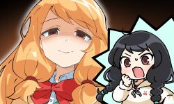 2girls black_hair blonde_hair bow bowtie braid brown_eyes closed_mouth highres hood hoodie long_hair looking_at_viewer low_twintails multiple_girls open_mouth red_bow red_bowtie school_uniform seol_bo-ri seol_mi-ri seungkkae shaded_face shirt smile twin_braids twintails upper_body zombie_high_school