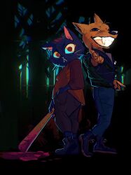 1boy 1girl animal_ears animal_nose baseball_bat black_pants blood bloody_weapon cat_ears cat_girl closed_mouth commentary english_commentary fox_boy fox_ears full_body furry furry_female furry_male gregg_lee grin hand_in_pocket highres holding holding_baseball_bat long_sleeves looking_at_viewer mae_borowski night_in_the_woods notched_ear pants rat_riot red_eyes shirt shoes smile standing teeth tree weapon