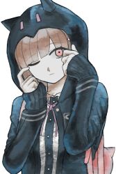 1girl agonaga_ganman animal_bag black_shirt breasts brown_hair cat_bag collared_shirt danganronpa_(series) danganronpa_2:_goodbye_despair dress_shirt flipped_hair hair_ornament highres hood jacket long_sleeves looking_at_viewer medium_hair nanami_chiaki neck_ribbon one_eye_closed open_clothes open_jacket pink_bag pink_eyes pink_ribbon ribbon shirt skirt solo white_shirt