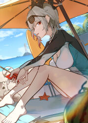 1girl absurdres alternate_costume bare_legs barefoot beach_umbrella black_horns blue_sky breasts bubble_tea cleavage commentary cup curled_horns day disposable_cup diving_suit drinking_straw ear_piercing eyewear_on_head feet food from_side fruit grey_hair highres holding holding_cup horns large_breasts legs long_hair looking_at_viewer mole mole_on_breast multicolored_hair outdoors parted_lips piercing red_eyes revision ryeon_(naturesan) sand_castle sand_sculpture shutter_shades sideways_glance sitting sky solo starfish streaked_hair surfboard toes umbrella watermelon wuthering_waves zani_(wuthering_waves)