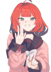 1girl absurdres ahoge black_choker black_shirt cardigan choker closed_mouth green_eyes highres long_hair looking_at_viewer maruku1631618 pink_cardigan red_hair shirt solo ukinami_yuzuha white_background zenless_zone_zero