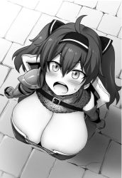 1girl asobinin_wa_kenja_ni_tenshoku_dekiru_tte_shittemashita?_~_yuusha_party_o_tsuihou_sareta_lv_99 breasts cleavage from_above hair_ornament huge_breasts monochrome short_hair shortstack smile tina_panetta