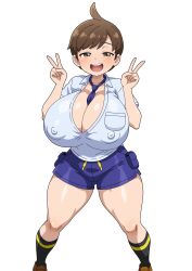1girl between_breasts black_socks blue_shirt breasts brown_eyes brown_hair brown_shoes cleavage covered_erect_nipples cowboy_shot double_v florian_(pokemon) genderswap genderswap_(mtf) hitokiwa_kenchin huge_breasts looking_at_viewer necktie necktie_between_breasts nintendo no_bra open_mouth pokemon pokemon_swsh purple_shorts shirt shoes short_hair short_sleeves shorts simple_background smile smug socks solo standing teeth thick_thighs thighs tongue upper_teeth_only v white_background white_shirt
