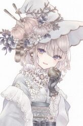 1girl apple bead_necklace beads butterfly_ring earrings fangs female_focus floral_print flower food fork frilled_kimono frills fruit gloves grey_hair hair_between_eyes hat holding holding_food holding_fruit japanese_clothes jewelry kimono knife light_blush marker_(medium) medium_hair necklace obi open_mouth original paruno plant pumpkin purple_eyes ring sash smile solo tagme traditional_media upper_body vines white_background witch_hat
