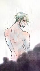Rule 34 | 1boy, back, beard, challia bull, facial hair, from behind, green eyes, green hair, gundam, gundam gquuuuuux, highres, male focus, mihndir, mustache, profile, short hair, showering, solo, topless male, wet