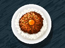 curry egg_yolk food food_focus from_above hisachan55cute no_humans original pixel_art plate rice simple_background still_life table wooden_table