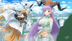 3boys 3girls ascot bandages black_bodysuit black_cape black_horns blonde_hair blue_sky bodysuit breasts cape clothing_cutout cloud commentary_request crotch_plate dated dinosaur fate/grand_order fate_(series) flying fujimaru_ritsuka_(male) fujimaru_ritsuka_(male)_(decisive_battle_chaldea_uniform) fur-trimmed_cape fur_trim giant giantess grigori_rasputin_(fate) heterochromia highres horns kingprotea_(fate) kingprotea_(third_ascension)_(fate) kotomine_kirei long_hair looking_at_another marine_nemo_(fate) mash_kyrielight medium_breasts multiple_boys multiple_girls nahui_mictlan_(fate/grand_order) navel nemo_(fate) olga_marie_animusphere outdoors pubic_tattoo purple_eyes purple_hair red_ascot sharp_teeth single_horn size_difference sky smile stomach stomach_cutout tattoo teeth tepeu_(fate) tetsu_no_samurai u-olga_marie very_long_hair water white_hair yellow_eyes yellow_horns