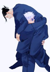 2boys absurdres belt black_hair blue-tinted_eyewear blue_jacket blue_pants carrying carrying_person closed_eyes commentary_request earrings from_side getou_suguru glasses gojou_satoru highres isa_(isanayoruho) jacket jewelry jujutsu_kaisen jujutsu_tech_uniform long_sleeves male_focus multiple_boys pants piercing round_eyewear short_hair simple_background smile standing stud_earrings teeth tinted_eyewear white_background white_hair