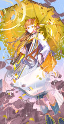 1girl absurdres arknights breasts brown_hair closed_mouth coat dot_mouth highres holding holding_umbrella long_hair lyuqiu muelsyse_(arknights) rain scenery solo standing umbrella white_coat yellow_eyes yellow_umbrella