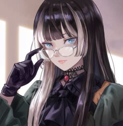 Rule 34 | 1girl, adjusting eyewear, ascot, black ascot, black choker, black gloves, black hair, blue eyes, blunt bangs, brooch, choker, dhbwinner, dress, gem, glint, gloves, green dress, grey-framed eyewear, highres, hololive, hololive dev is, jewelry, juufuutei raden, juufuutei raden (1st costume), lace, lace choker, long hair, looking at viewer, multicolored eyes, multicolored hair, pink lips, portrait, red gemstone, solo, streaked hair, two-tone dress, virtual youtuber, white streaks