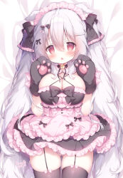 1girl animal_ears animal_hands bell black_bow black_dress blush bow breasts cleavage dress frills garter_straps hair_bow hair_ornament highres large_breasts long_hair momozu_komamochi open_mouth original pink_bow pink_dress pink_eyes red_eyes ribbon short_dress skirt solo thighhighs thighs very_long_hair white_hair