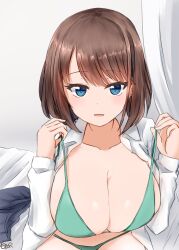 1girl bed bikini blue_eyes blush breasts brown_hair cleavage collarbone curtains green_bikini highres indoors kousi_sirazawa large_breasts on_bed open_clothes open_shirt parted_lips pleated_skirt pulling_own_clothes saki_(manga) school_uniform shiraitodai_school_uniform shirt skirt solo strap swimsuit undressing unozawa_shiori unworn_clothes white_shirt