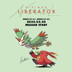 beak bird closed_eyes copyright_name digimon digimon_(creature) digimon_card_game digimon_liberator feathers from_side green_feathers highres kazuki_seihou muchomon no_humans penguin profile pteromon pterosaur red_feathers release_celebration release_date signature simple_background talons walking
