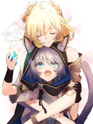 2girls aglaea_(honkai:_star_rail) animal_ears animal_hood black_gloves blonde_hair cat_ears cat_girl cat_hood cat_tail cipher_(honkai:_star_rail) closed_eyes commentary_request fang gem gloves grey_hair highres holding holding_gem honkai:_star_rail honkai_(series) hood hug hug_from_behind kinatsu_k laurel_crown multiple_girls open_mouth rags short_hair simple_background single_glove skin_fang tail white_background